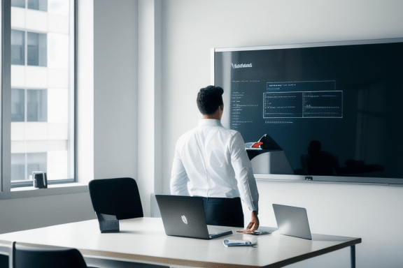 Person working on laptop surrounded by marketing content