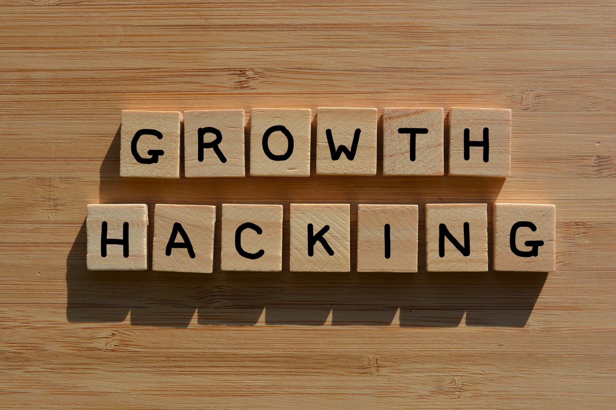 Growth Hacking. Business phrase in 3D wooden alphabet letters on wood background